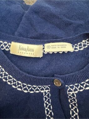 Neiman Marcus 100% Cashmere Cardigan with White Chain Stitch Trim